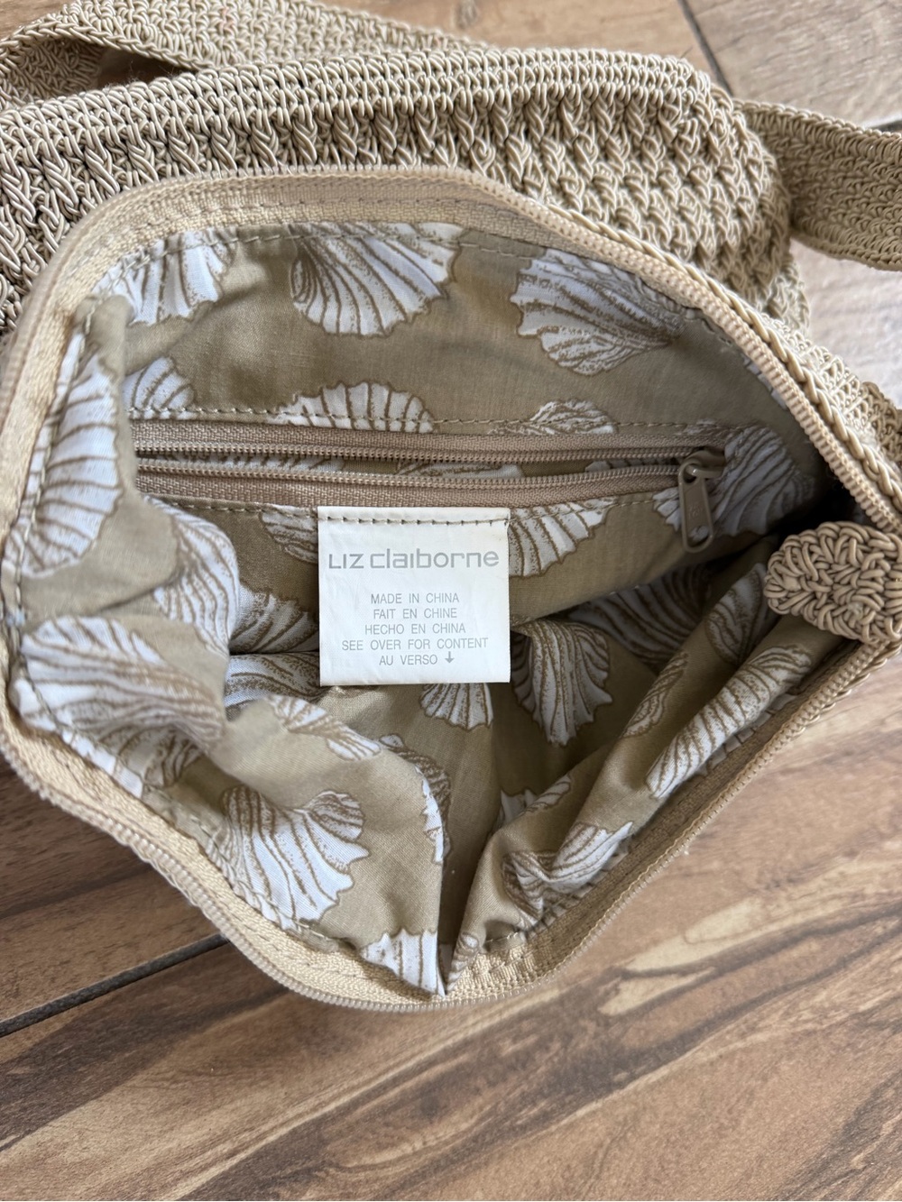 Liz Claiborne Tan Woven Crossbody Bag with Shell-Print Lining